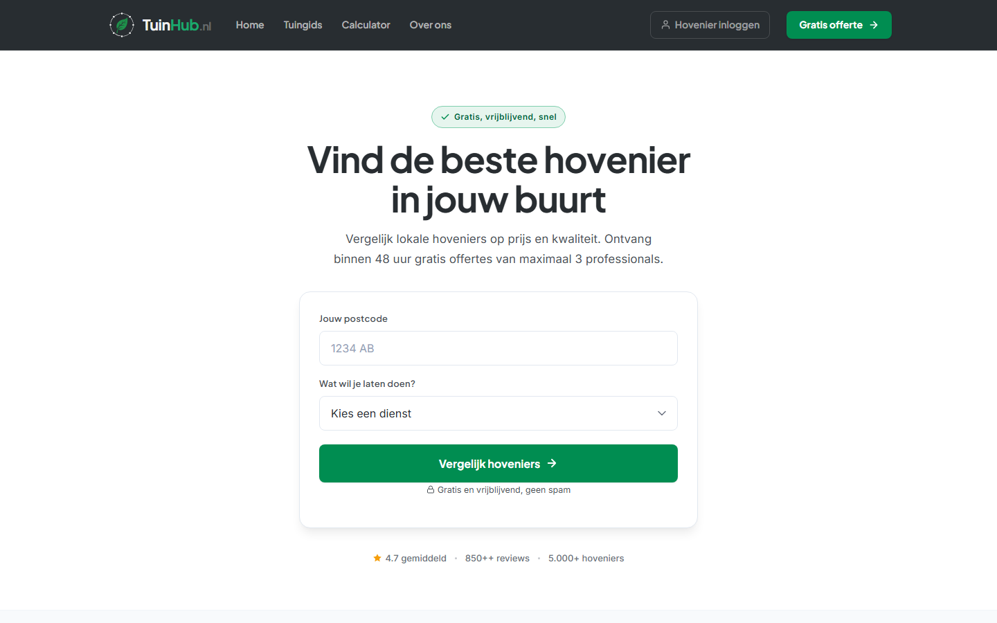 Homepage of the live TuinHub landscaping platform